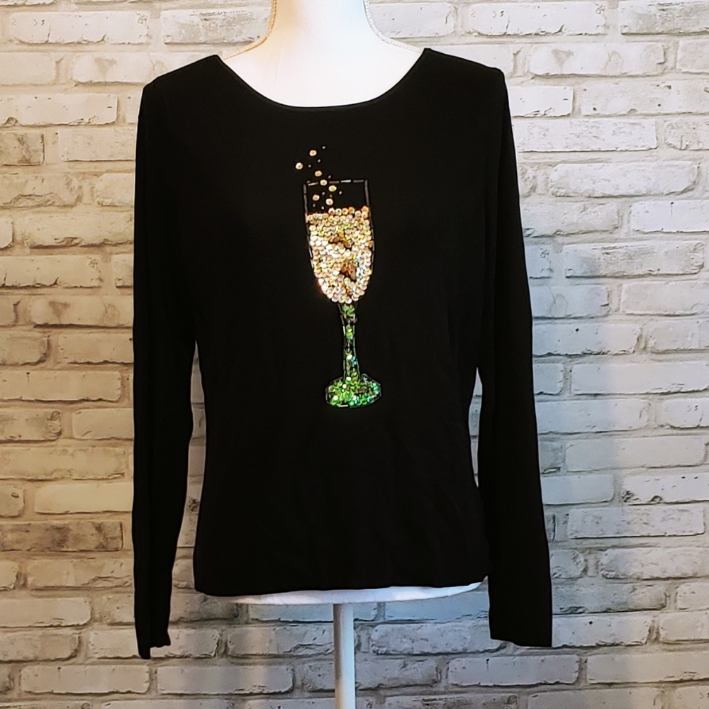 Black Sequin Wine Shirt, Embellished Long Sleeve